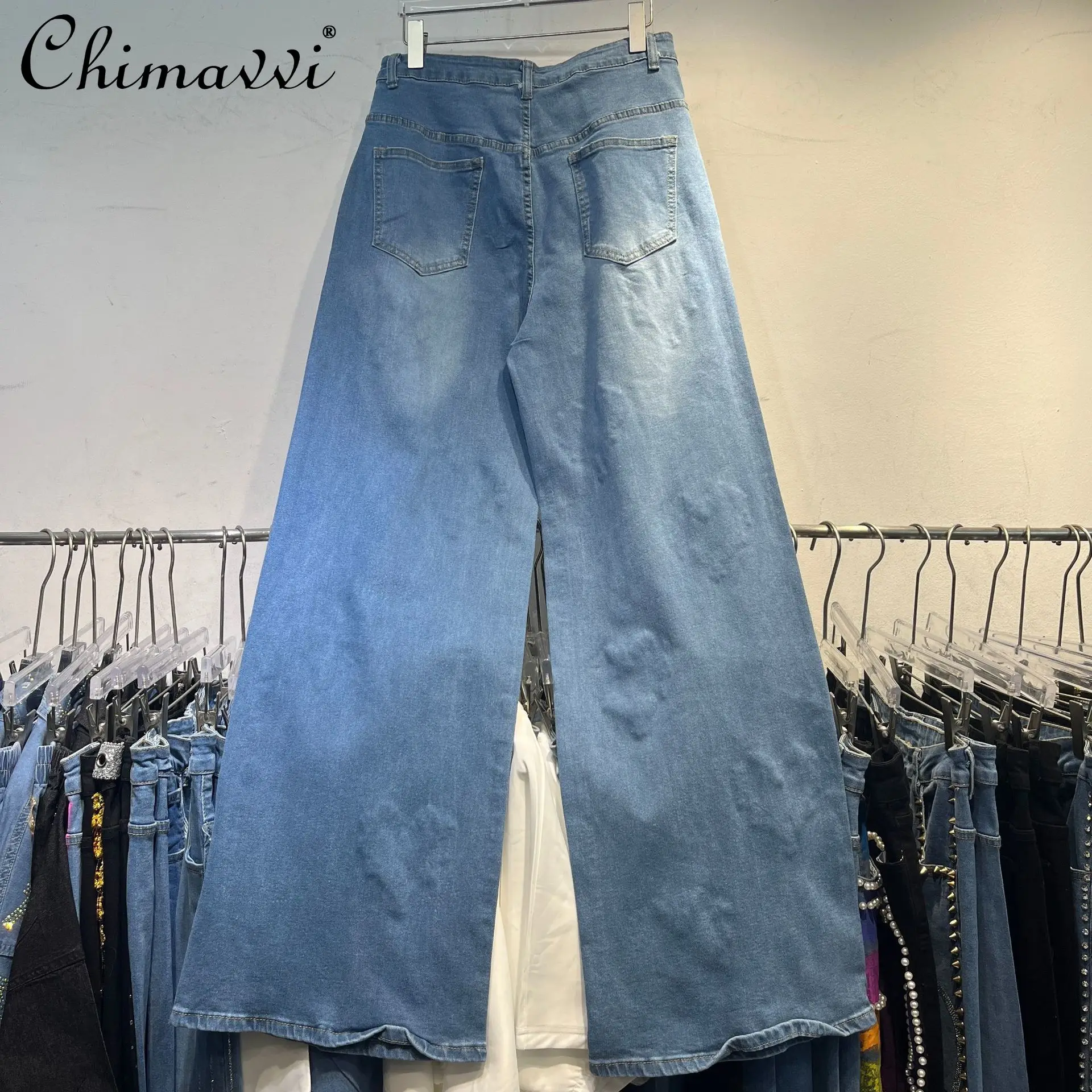 유럽 스타일 헤비 다이아몬드 하트 할로우 디자인 여성용 청바지 2025 가을 패션 와이드 레그 스트레이트 데님 팬츠