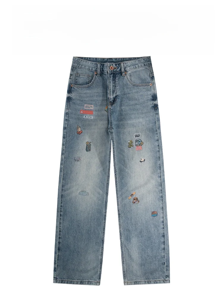

BAIRBAOLIY Trendy Cartoon Print Jeans Straight Leg Casual Loose Fit Cotton Denim Pants for Young Men Spring 2026 Collection