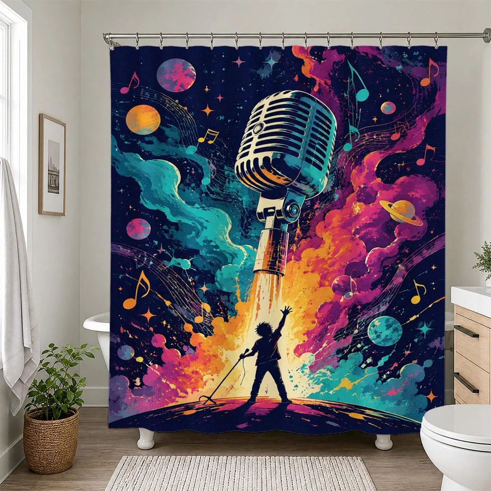 Retro Music Studio Pop Art Shower Curtain Vibrant Cosmic Microphone Shower Curtain Bathroom Decor