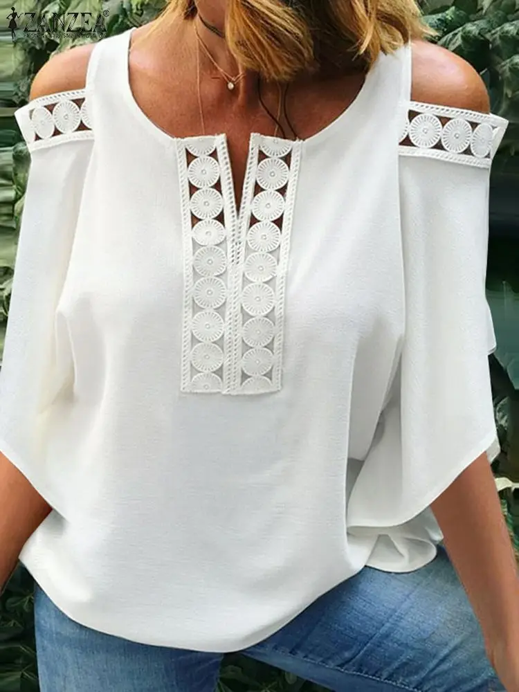 ZANZEA 2023 Summer Cold Shoulder Blusas Fashion Lace Trim Blouses Women Casual 3/4 Sleeve O-neck Shirts Holiday Solid Color Tops