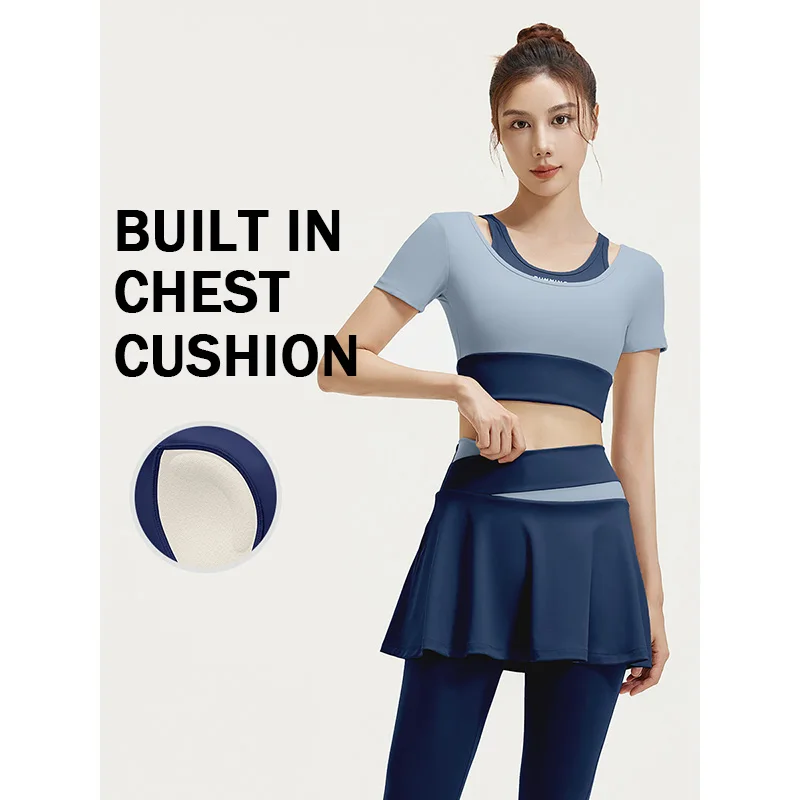Naked High Elasticity Color Blocked Fake Two-piece Women's Yoga Set Elegant And Generous Suitable For Exercise And Daily Wear