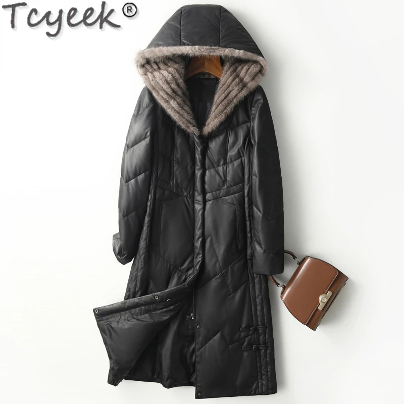 Tcyeek Real Mink Fur Collar Winter Coat Women Clothes Genuine Leather Jacket Female Fur Coat Hooded Warm Down Jacket Casaco Pele