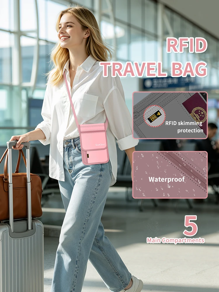 SooGree Anti-theft RFID Blocking Pouch Adjustable Waterproof Passport ID Card Certificate Storage Bag Travel Document Wallet