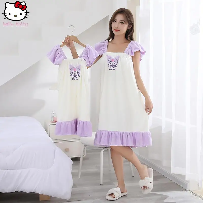 

Kawaii Cartoon Girls Bath Skirt Kuromi Anime Parent Child Sanrio Home Wearable Water Absorption Quick Dry Bathrobe Coral Velvet