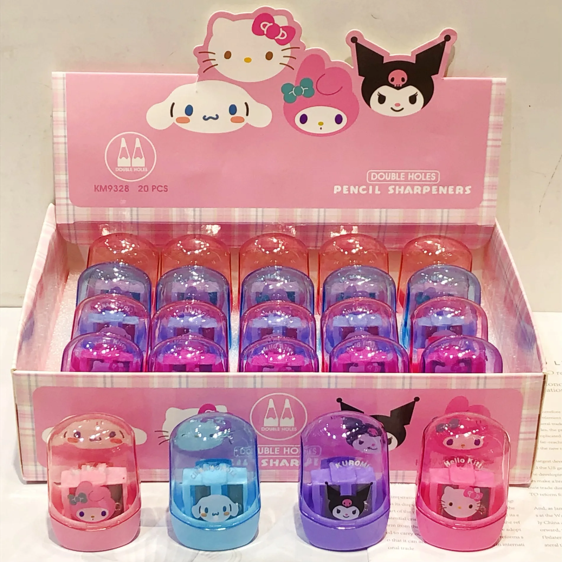 Sanrio-Olá Kitty apontadores de lápis para estudantes, Double Hole apontadores de lápis, Kuromi Cinnamoroll, Papelaria Material Escolar, 20PCs