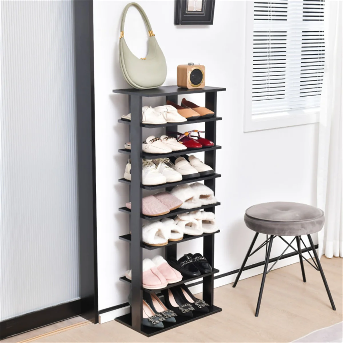 7-Tier Double-Row Shoe Rack with Adjustable Shelves, Anti-Tipping Narrow Storage Rack for Entryway Closet-Black