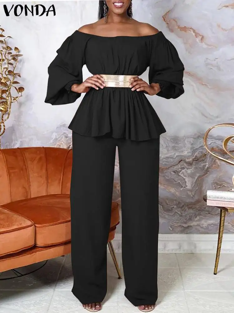 Plus Size VONDA 2024 Summer Women Elegant Off Shoulder Pant Sets Lantern Sleeve Tunic Tops and Wide Leg Pants Casual Suits Sets