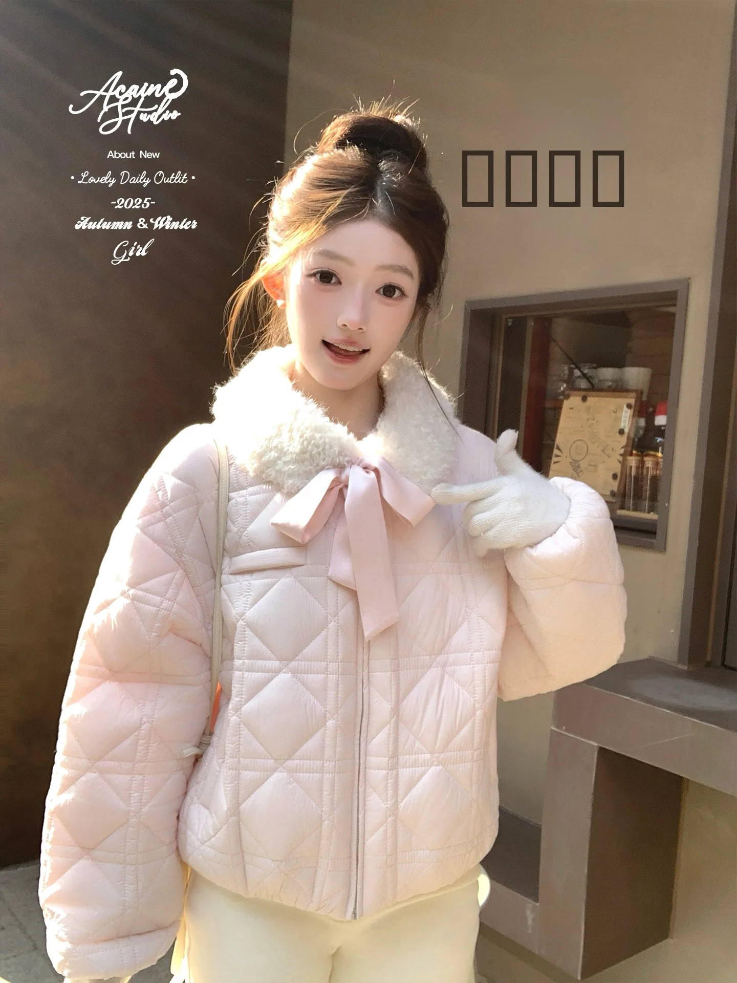 

Женская зимняя верхняя одежда Acaine: розовый пуховик с воротником из овечьей шерсти, узором в ромбы, на флисовой подкладке, свободного кроя, утепленный, в корейском стиле, стройнящий силуэт