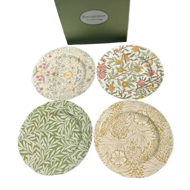 European Style 9 Inch Bone China Dinner Plates Set of 4 Deep Flower Vegetable Western Food Plate Light Luxury