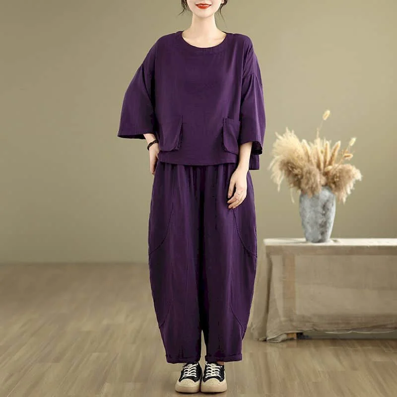 

Литературные брюки, винтажные футболки с короткими рукавами и круглым вырезом, однотонные шаровары, лето-осень, комплекты из двух предметов в корейском стиле, женская одежда