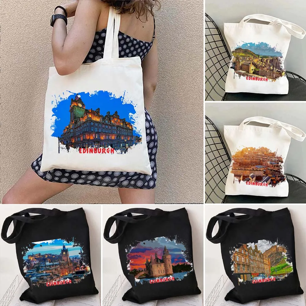 

Edinburgh Scotland Landscape City Sights Watercolor Ink Painting Shoulder Canvas Cotton Tote Bag Casual Harajuku Shopper Handbag