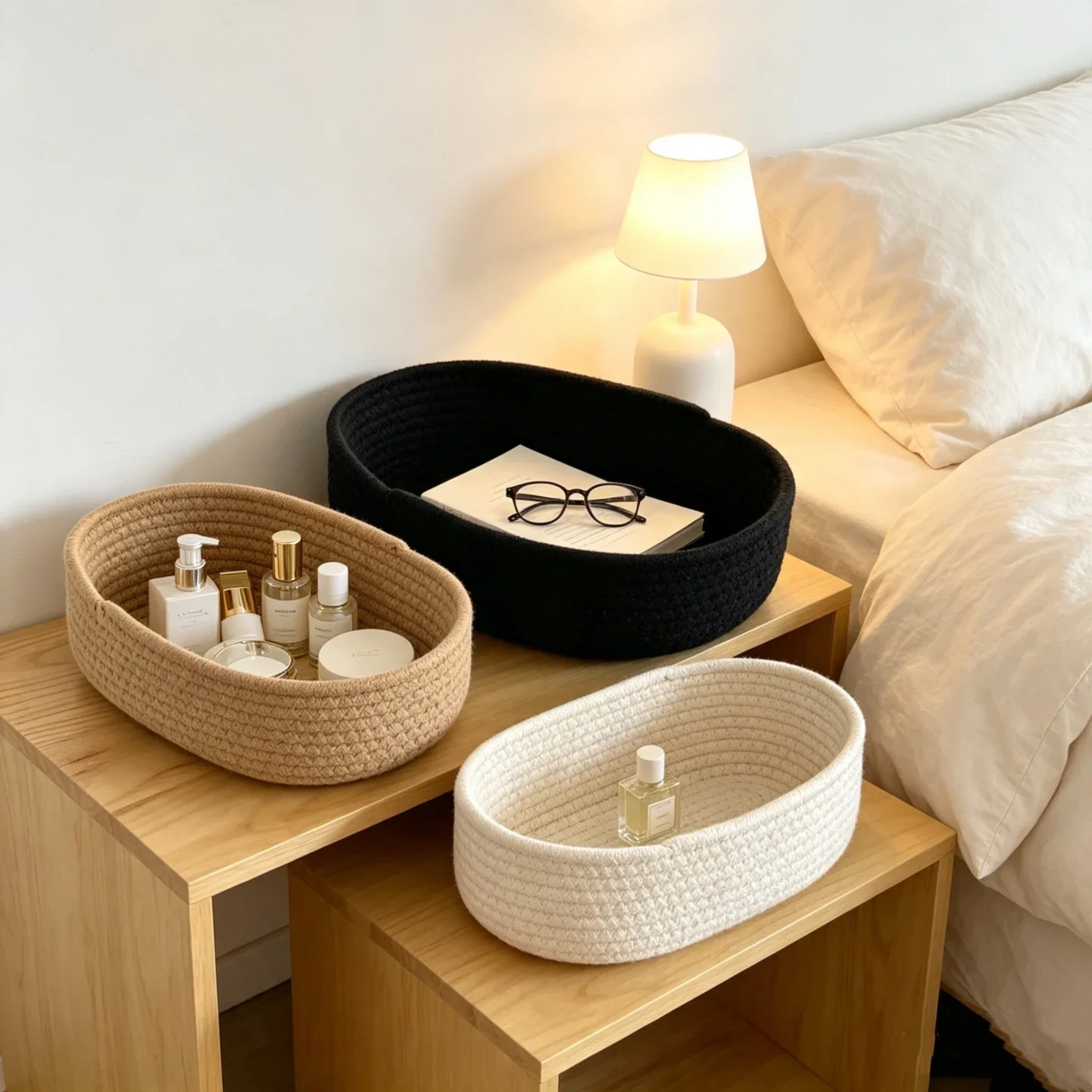 Cotton rope woven storage basket Cross-border oval leather handle storage basket Tabletop storage basket Cosmetics box ins
