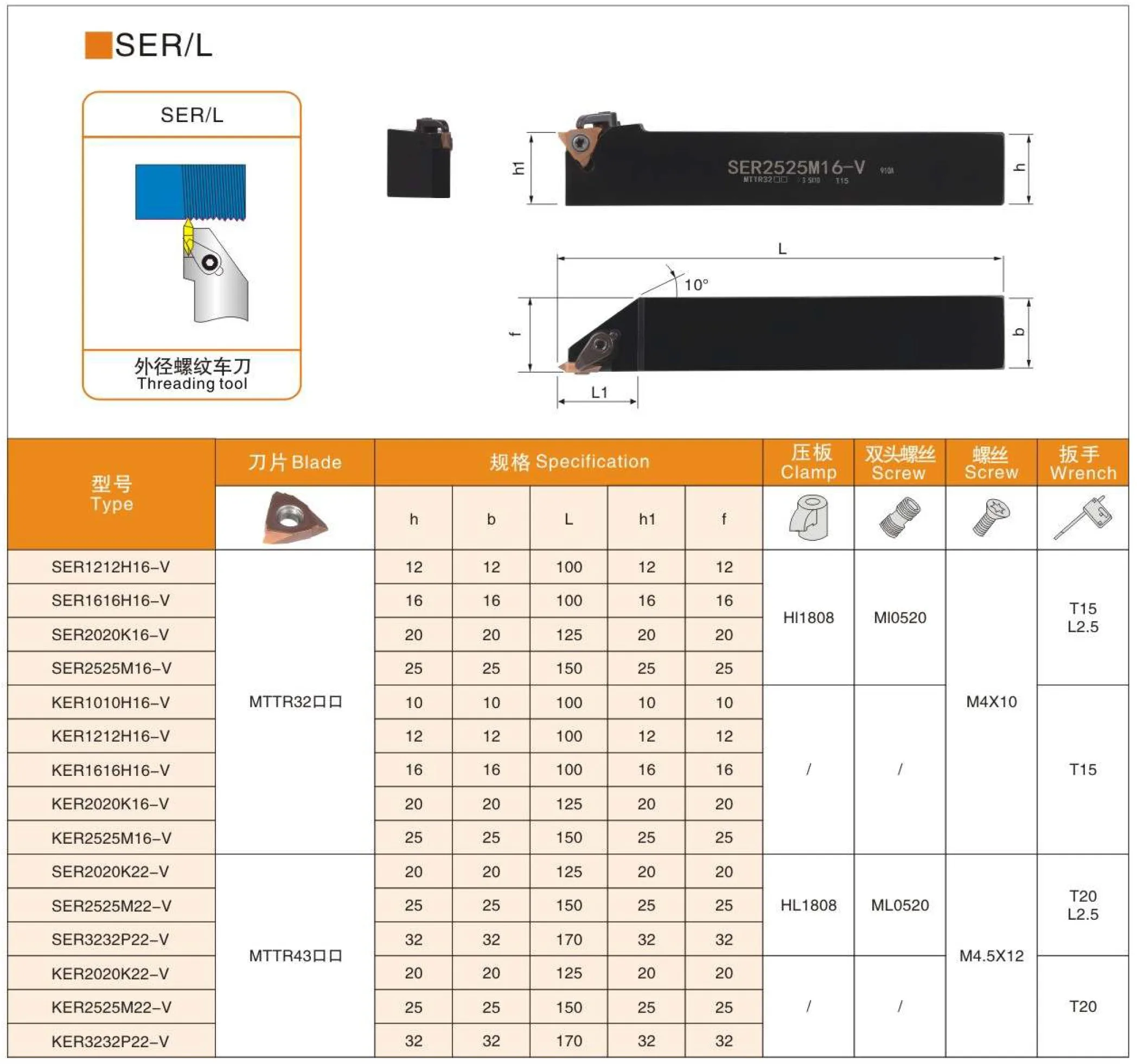 

SER1616H16-V SER2020K22-V Vertical Thread Turning Holder Blade MTTR32R Walking Machine Tool Holder 1pcs