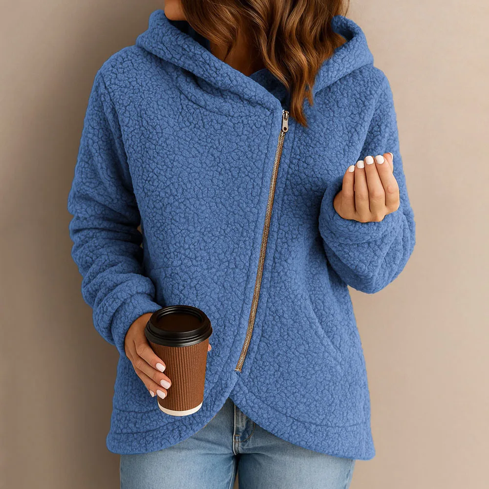 

Casual Womens Warm Hoodie Jacket with Long Sleeves Zip Closure Fluffy Sweatshirt Coat for Outdoor Cool Seasons