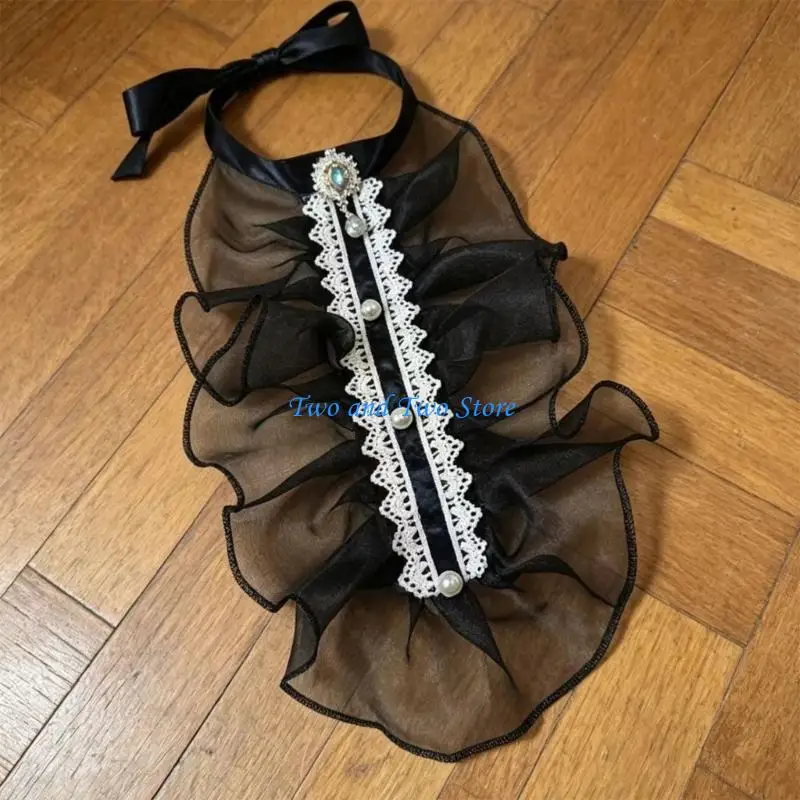 HX6F Romantics Faux Pearls Embroidered See Through Organza Collar Detachable Neckpiece For Blouse And Dress Decoration