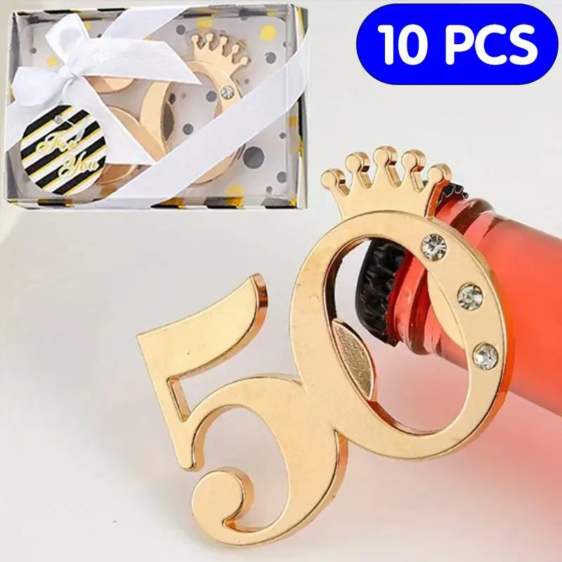 10PCS Crown Digital 50 Bottle Opener for 50th Birthday Alloy Beer Opener with Packing Box for Company Bar Celebration Souvenirs