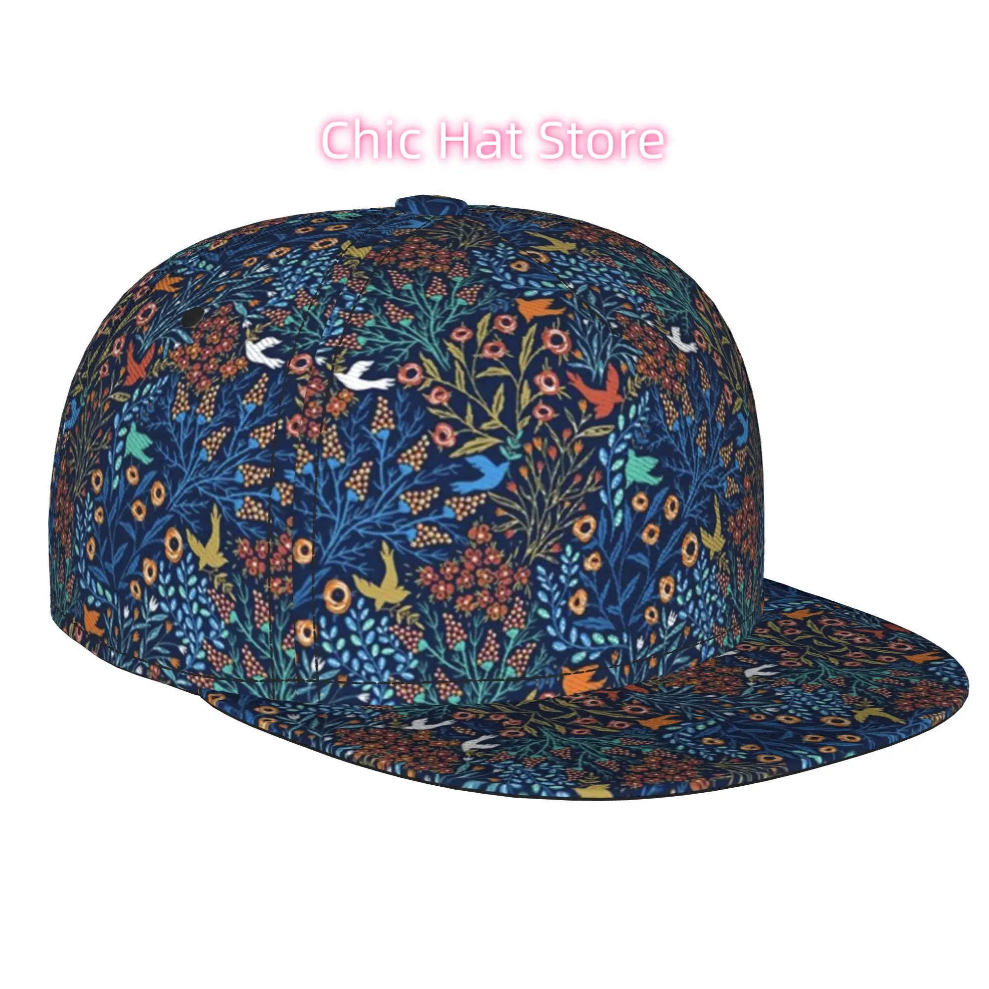 1pc Navy Blue Floral And Bird Pattern Fully Printed Hip-Hop Cap, Stylish Flat-Brimmed Baseball Cap, Trucker Caps Baseball Caps
