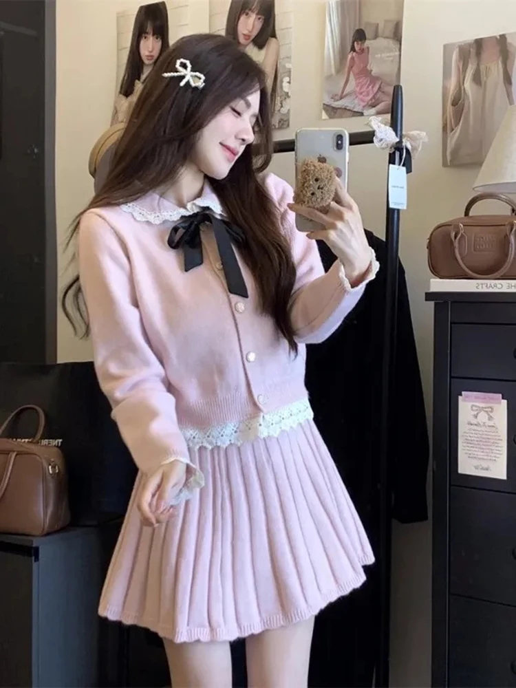 

Sweet Knit Two Piece Sets Women Bow Lace Patchwork Peter Pan Collar Long Sleeve Cardigan High Waist Pleated A Line Mini Skirt