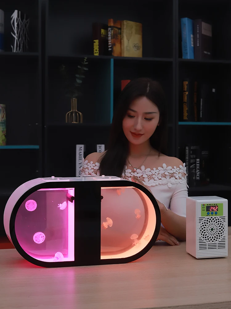 Pequeno aquário acrílico led para sala de estar ornamentos tanque de água-viva com peixes de plástico tanque de água-viva ornamental aquário