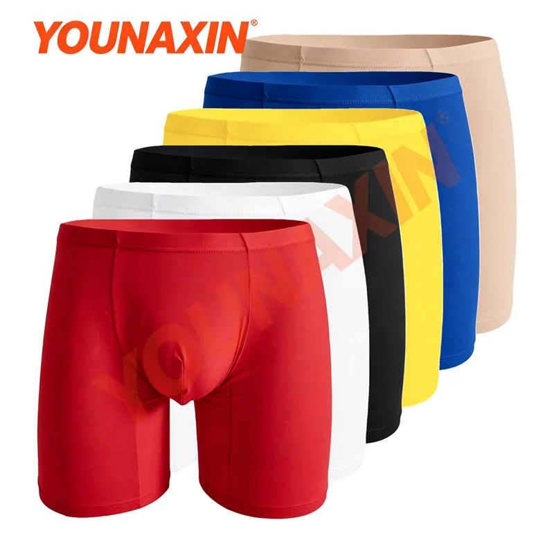 6 Pcs Men Ice Silk Long Leg Boxer Briefs Semi‑Transparent  Anti‑Chafing Sports Underwear Solid Color Underpants M L XL 2XL 3XL