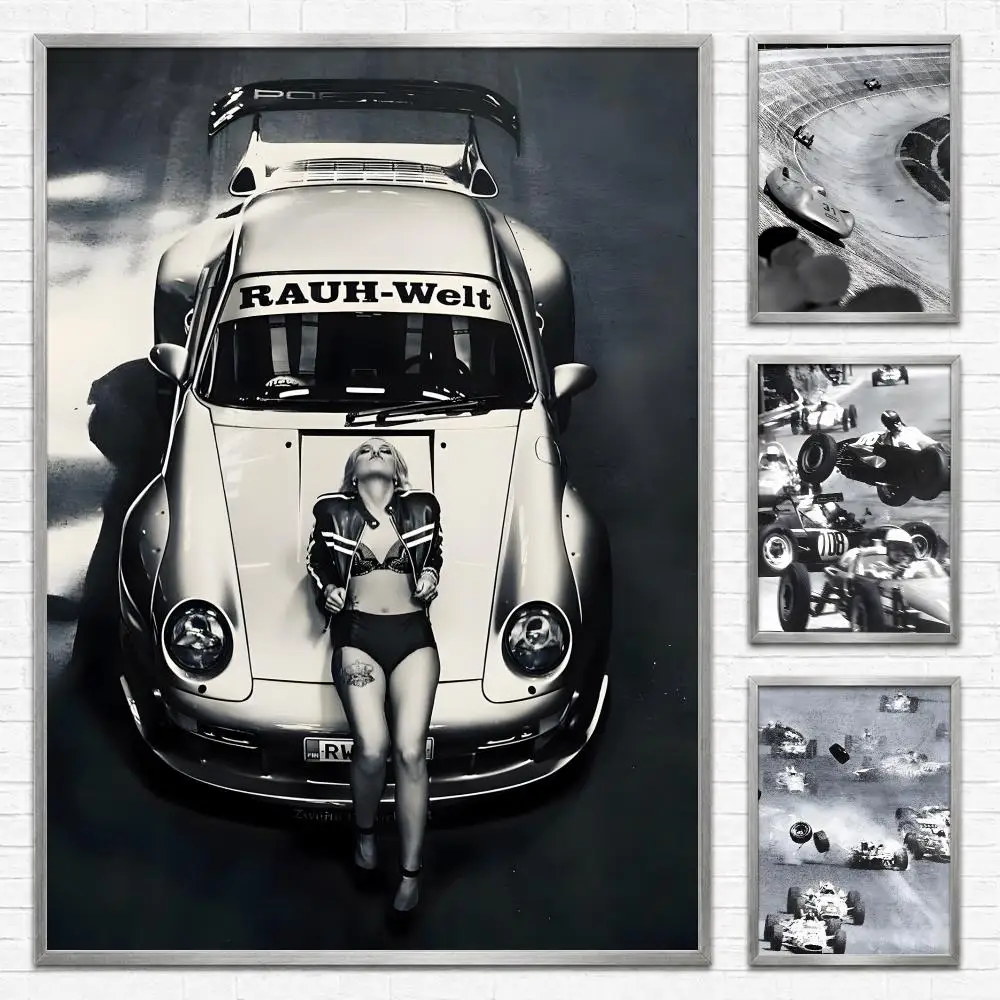Pattern Vintage World Famous Racing Car Rally Poster Self‑Adhesive Waterproof Coffee House Bar Wall Art Sticker Room Home Decor