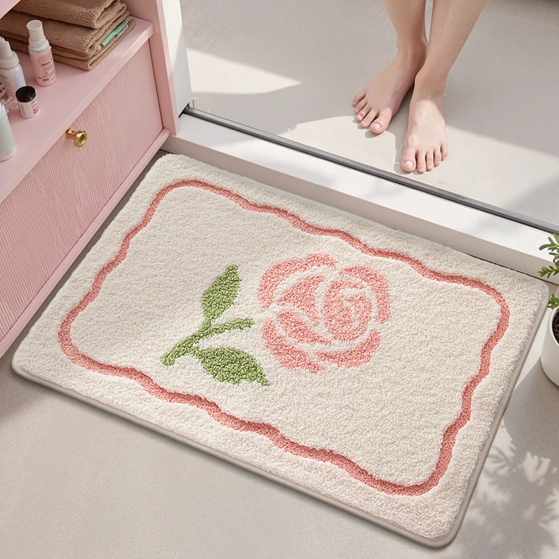 

Bathroom Anti-Slip Absorbent Floor Mat Japanese and Korean Style Flower Maple Leaf Pattern Toilet Bedroom Soft Flocking Carpet