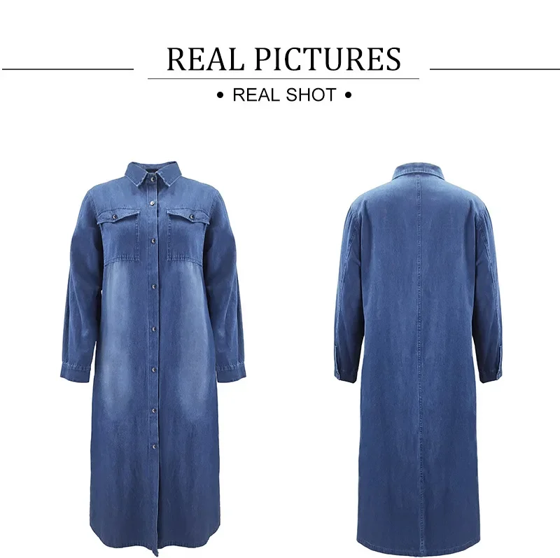 Women Long Dress Single Breasted Full Sleeve Denim Dresses Solid Turn Down Collar Splice Slim Fit Vestidos Casual Autumn