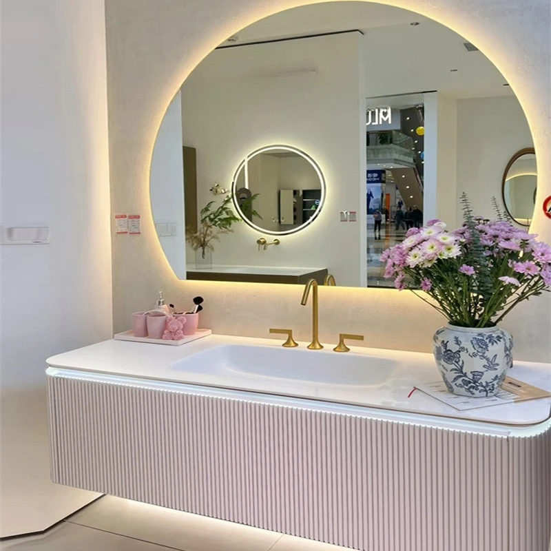 Pink oak, bathroom cabinet, ceramic integrated basin, washbasin, bathroom, rounded corner face wash basin, combined cabinet.