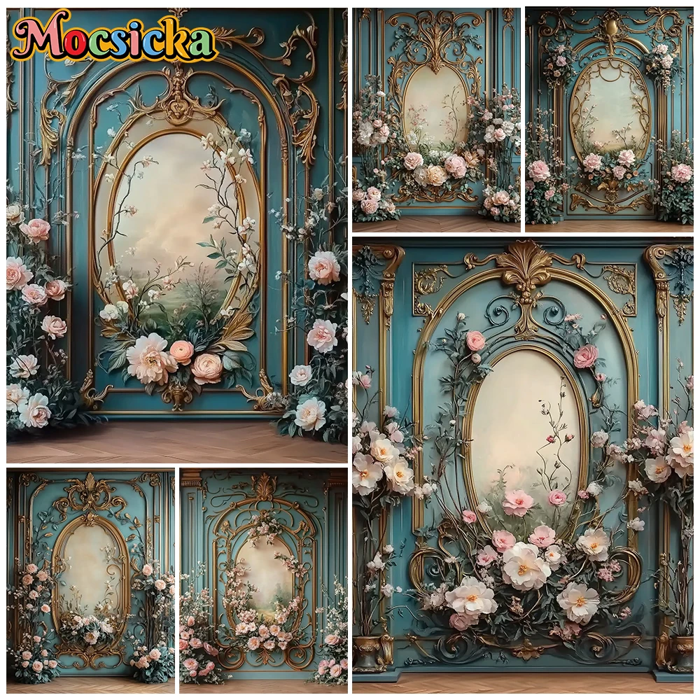 

Mocsicka Vintage Baroque Teal Floral Wall Photography Backdrop Wedding Maternity Newborn Baby Portrait Birthday Photo Background