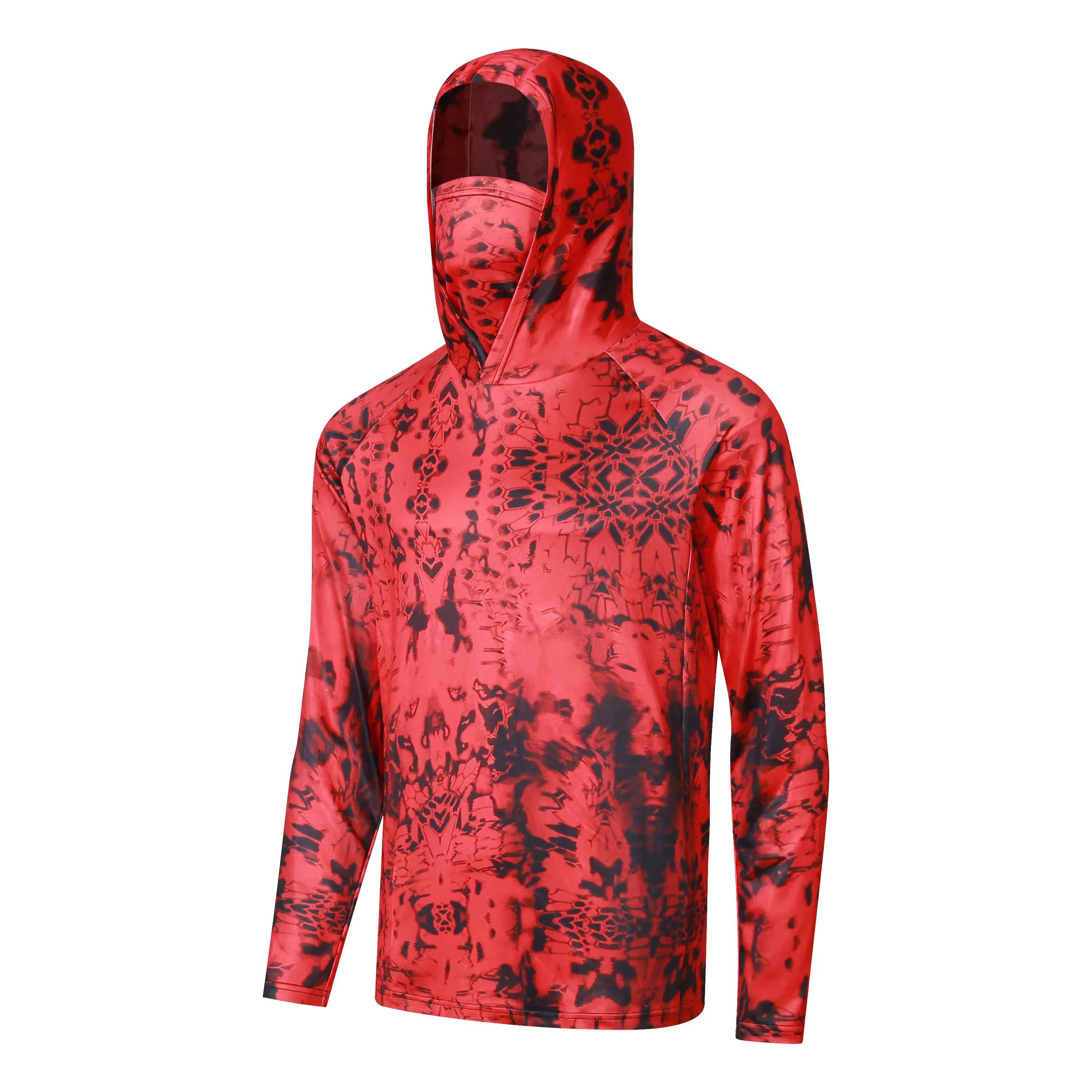 Men 3D Camo Print Hooded Fishing Shirt Polyester Long Sleeve UV Sun Protection Top With Integrated Face Mask