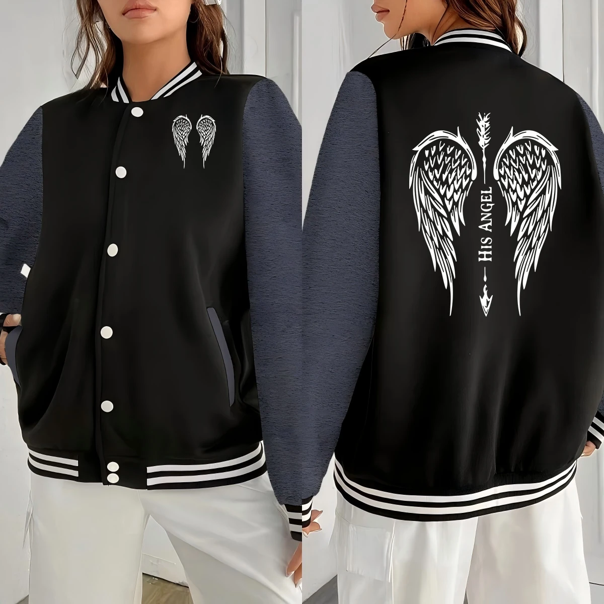 

His Angel Wings Arrow Design Baseball Jackets Womens Fleece Loose Streetwear Y2K Button Jersey Autumn Casual Clothes Woman