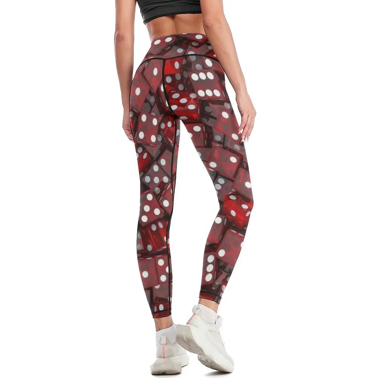 Legginsy damskie z nadrukiem czerwonych kostek do gry, model push-up, z wysokim stanem, modelujące pośladki, odzież fitness, legginsy damskie.