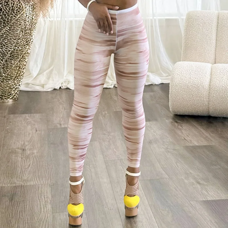 Women Sexy See Through Print Mesh Skinny Pants Elastic High Waist Peach Hips Slim Night Club Leggings Trousers Casual Bottoms
