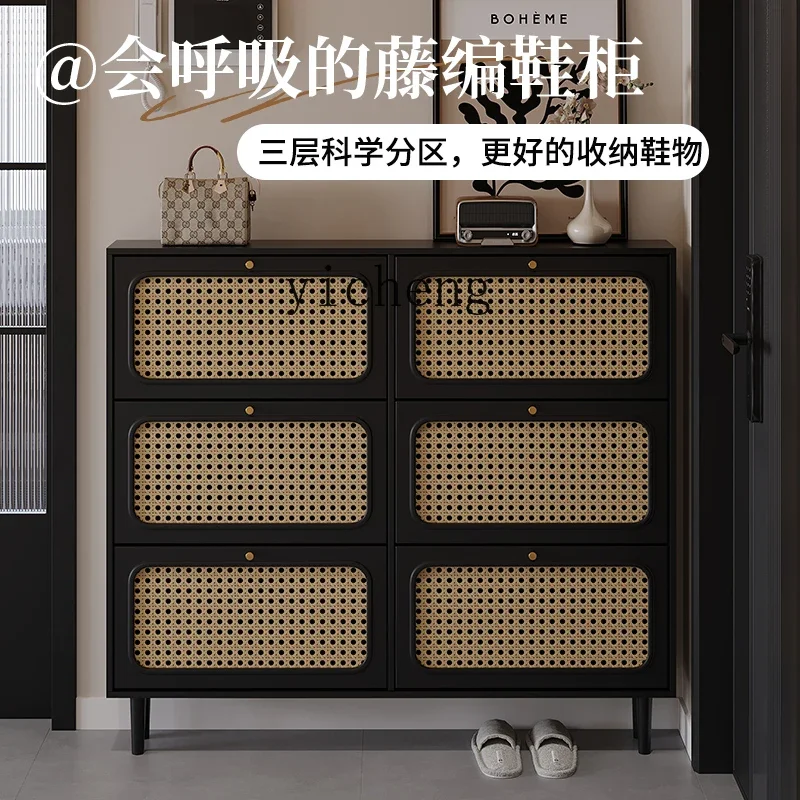 TQH rattan ultra-thin shoe cabinet household entrance corridor narrow black tipping bucket entrance cabinet