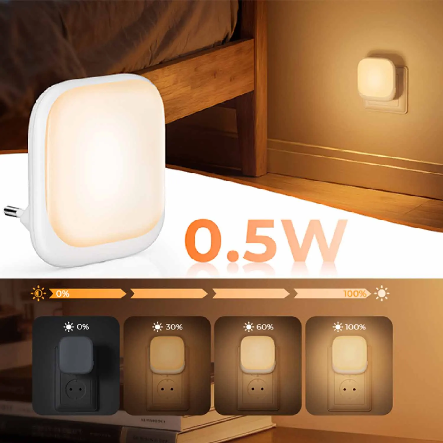 0.5W 3 Model Brightness Dimmable Night Light Socket with Twilight Sensor Night Light for Bedroom, Hallway, Kitchen
