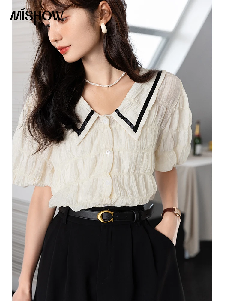 MISHOW Shirts for Women 2022 French Retro Patchwork Doll Collar Puff Short Sleeves Blouses New Office Lady Folds Tops MXB29C0524