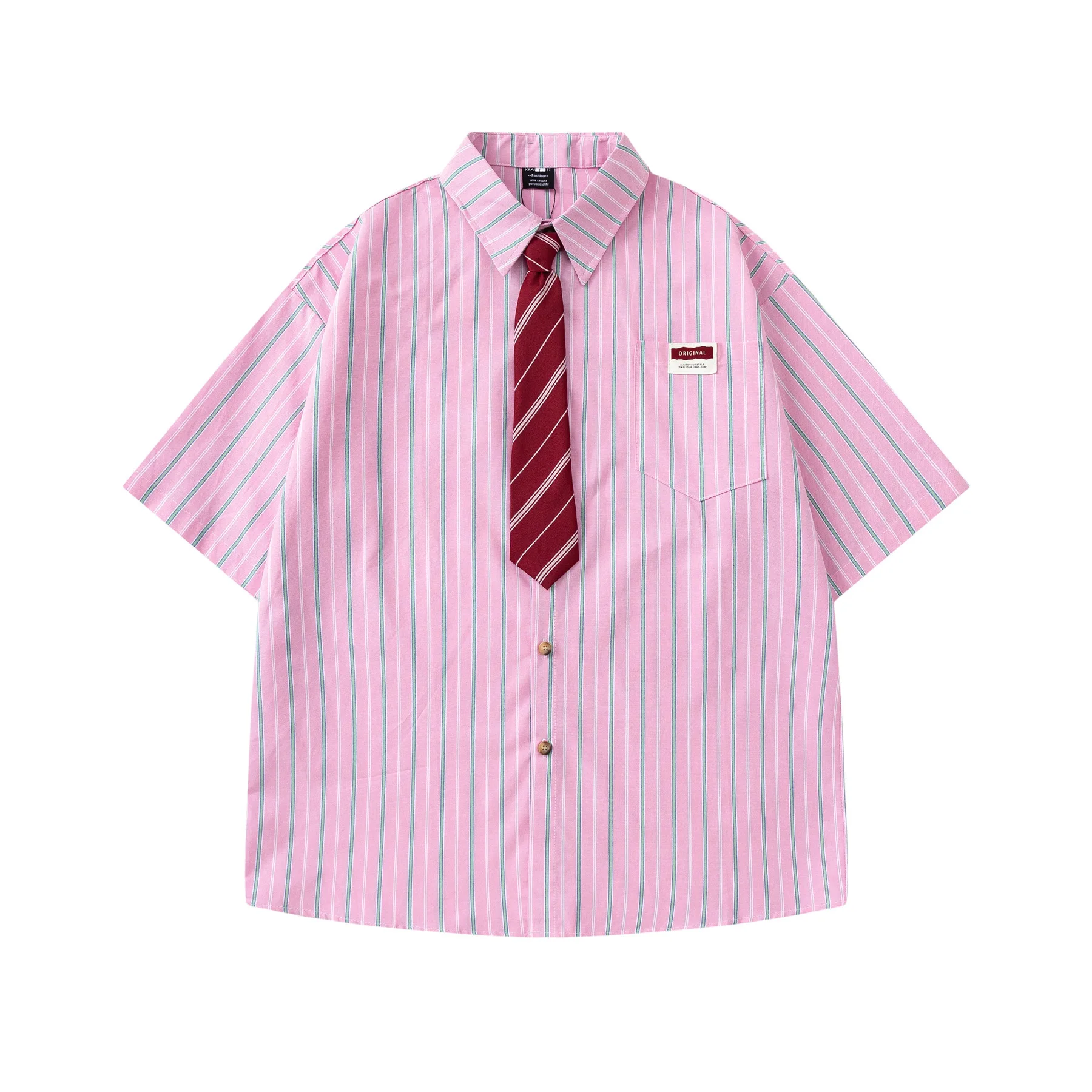 American Style Striped Tie Short Sleeve Shirt for Men 2025 Summer Loose College Style Casual Dress Shirts Y2K Unisex Streetwear