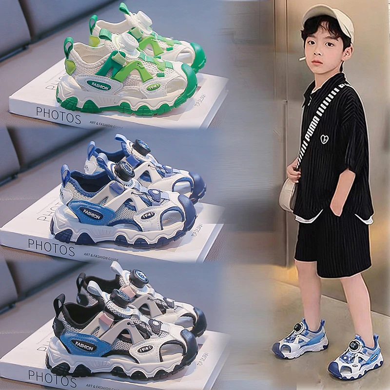 Boys Closed-toe Sandals with Rotating Button 2026 New Summer Toddler Chunky Beach Sandals Versatile Chic Outdoor Hiking Shoes