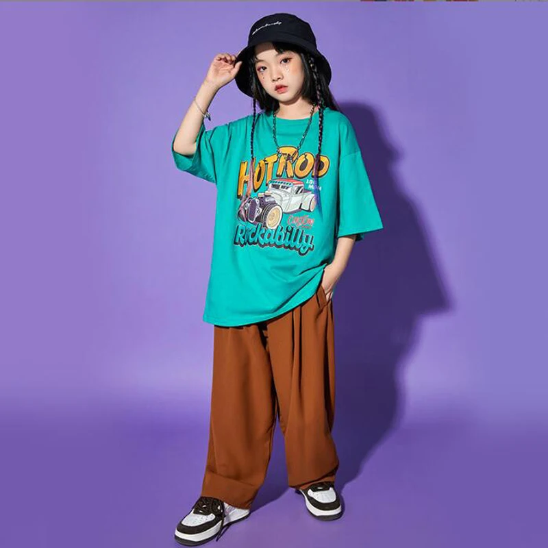 Trajes de Kpop para niños, ropa de Hip Hop, camiseta verde, ropa de calle informal, pantalones de sudor para niña, ropa de baile de Jazz, disfraz de espectáculo