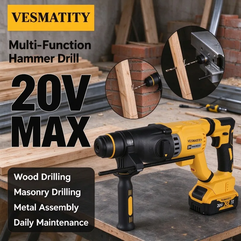 Cordless Brushless Concrete Breaker Jackhammer Rotary Impact Hammer Drill Heavy Duty 2 Modes SDS Metal For 20V Battery