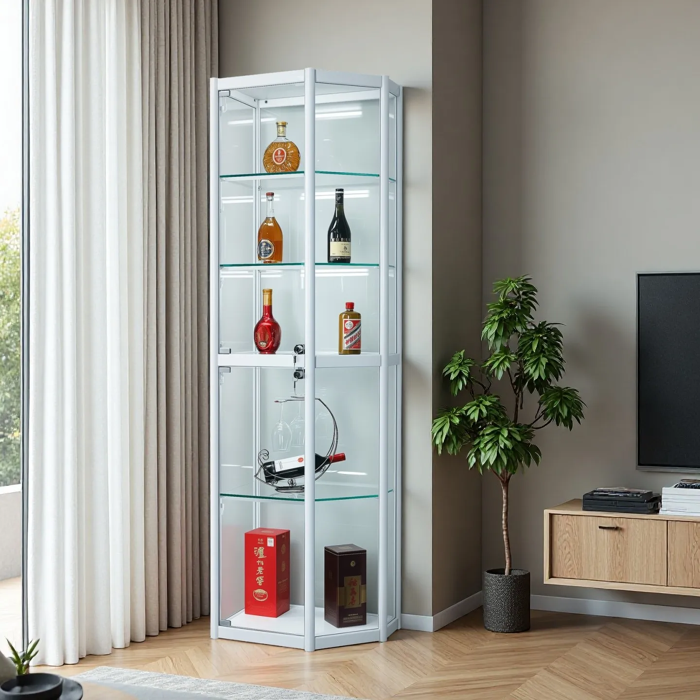 Customized irregular corner cabinet, triangular wine cabinet, household living room corner storage , glass door display