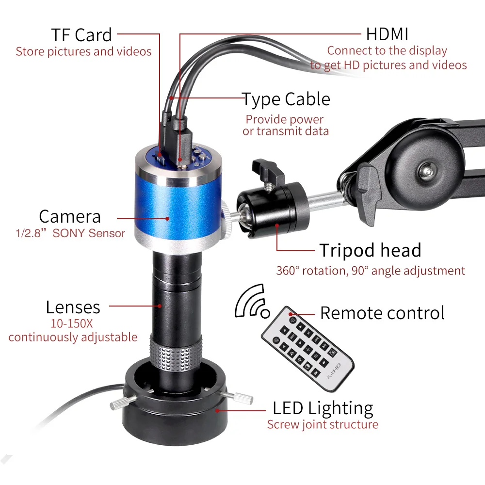 ZONGMAI 4K full HD Industrial microscope C-Mount Digital Camera PCB welding mobile phone repair enhanced stand microscope