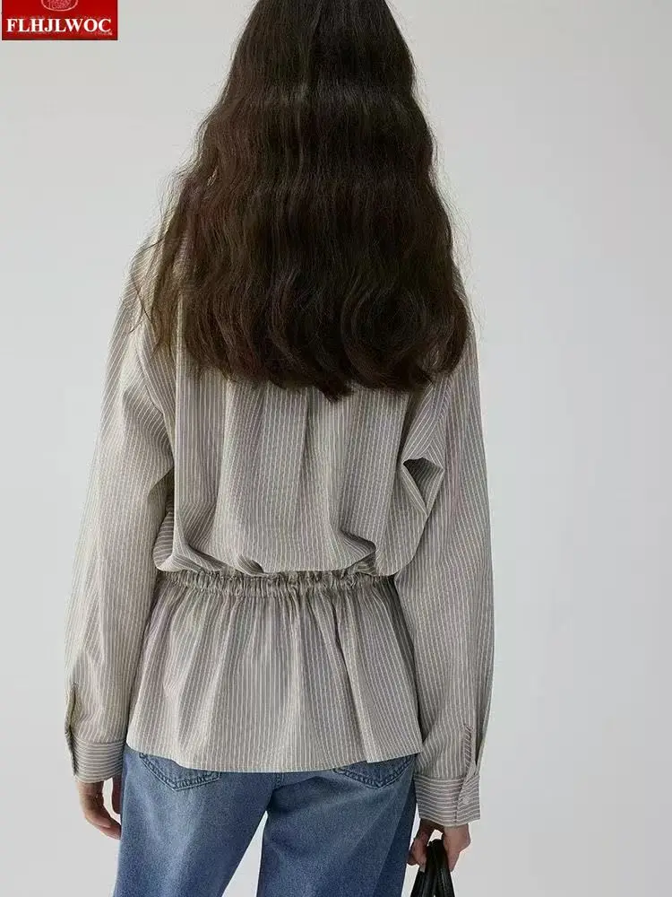 Koszule z marszczeniem w talii, nowa moda, szykowna koreańska stylizacja damska 2025, jesień, długi rękaw, dekolt w serek, w paski, retro, vintage, bluzki z falbaną.