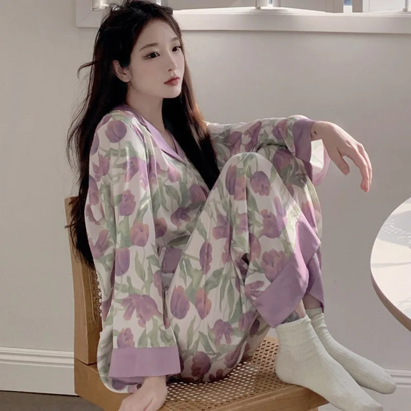 

New Fashion Purple Tulip Ice Silk Nightdress for Women Summer Sweet and Gentle Long-Sleeved Loungewear Women's Two-Piece Set