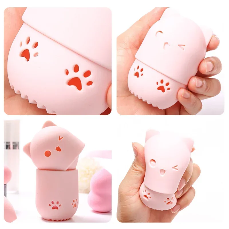 Soft Silicone Cosmetic Sponge Holder with Beauty Eggs Cute Pink Cat Powder Puff Holder Portable Sponge Puff Make Up Drying Cases