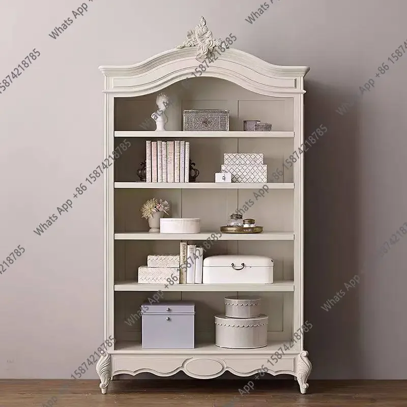 Jj French Retro Old Children's Bookcase American Light Luxury Solid Wood Carving Flower Bookcase Ivory White Display Locker