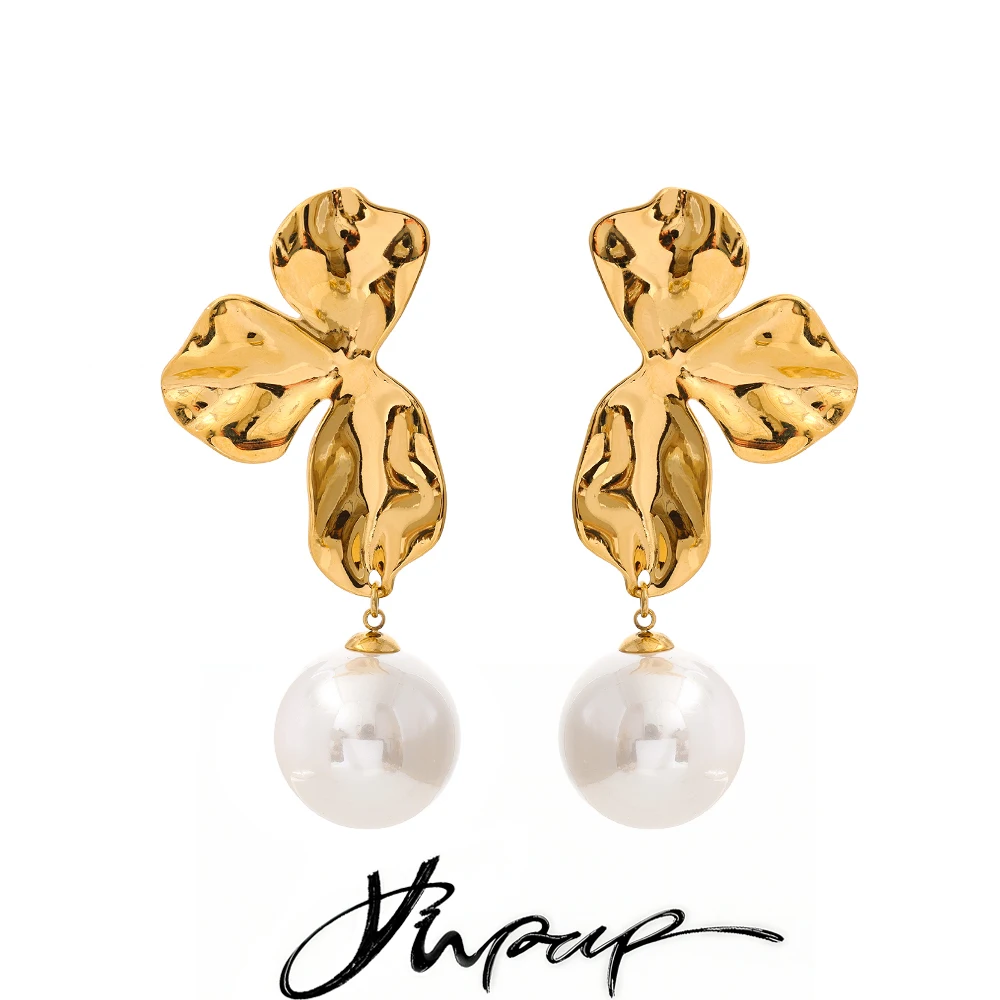 Yhpup 2026 Simulated Pearls Flower Drop Earrings Stainless Steel Gold Platinum Color PVD Plated Popular Statement Jewelry Gift