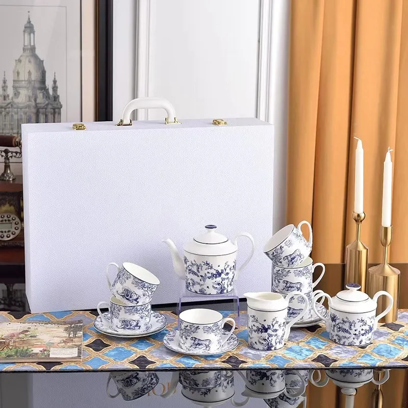 Forest Plant Print Bone China Tea Set Trim Porcelain Teapot Creamer Sugar Bowl Cup Saucer Complete Afternoon Tea Gift Set