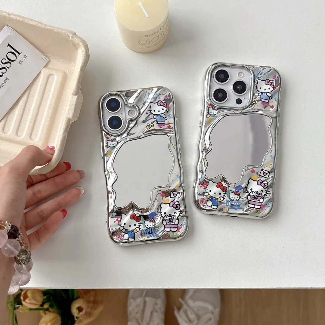 

Luxury plating Cartoon Hello Kitty melody Phone Case For iPhone16 15 14 13 Pro Max Irregular mirror Anti Fall protection Cover﻿﻿