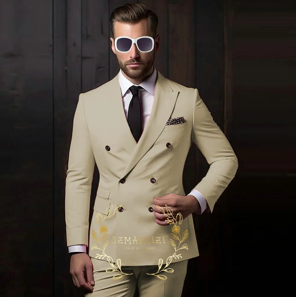 

Latest Design Casual Men's Suit Beige Jacket Pants 2 Pieces Double Breasted Slim Fit Formal Wedding Tuxedos Evening Dress